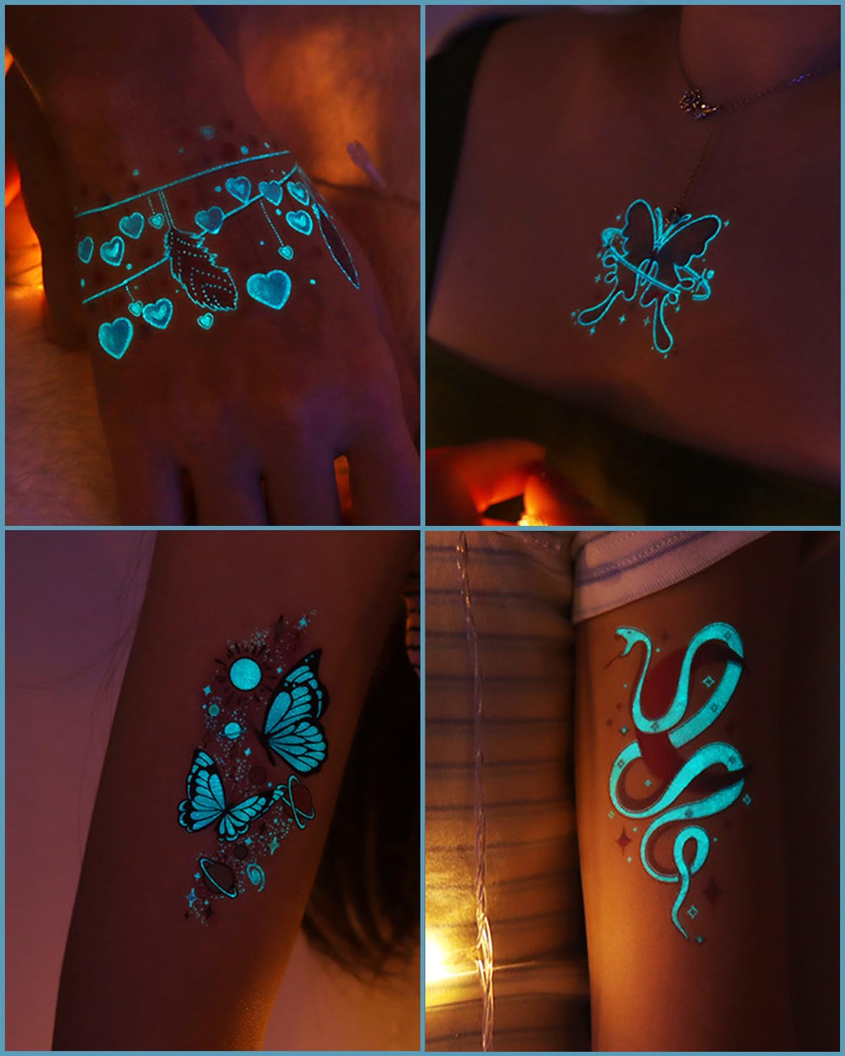 Onogola 20 Sheets Glow In The Dark Butterfly Temporary Tattoos for Women, Luminous Flower Butterflies Wings Fake Tattoo Stickers Art Makeup Waterproof for Face Body Arm Party Favors