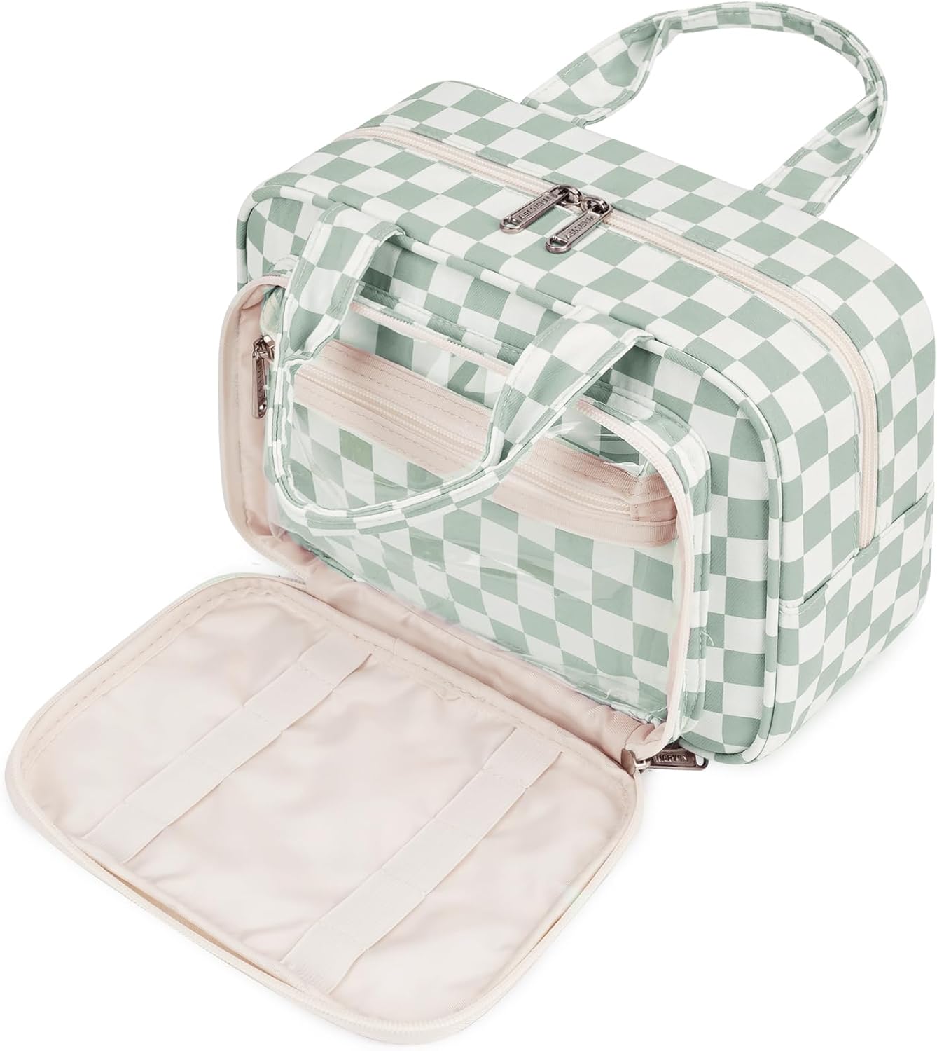 Large Travel Toiletry Bag - Checkered Makeup Organizer for Women | Mint Green
