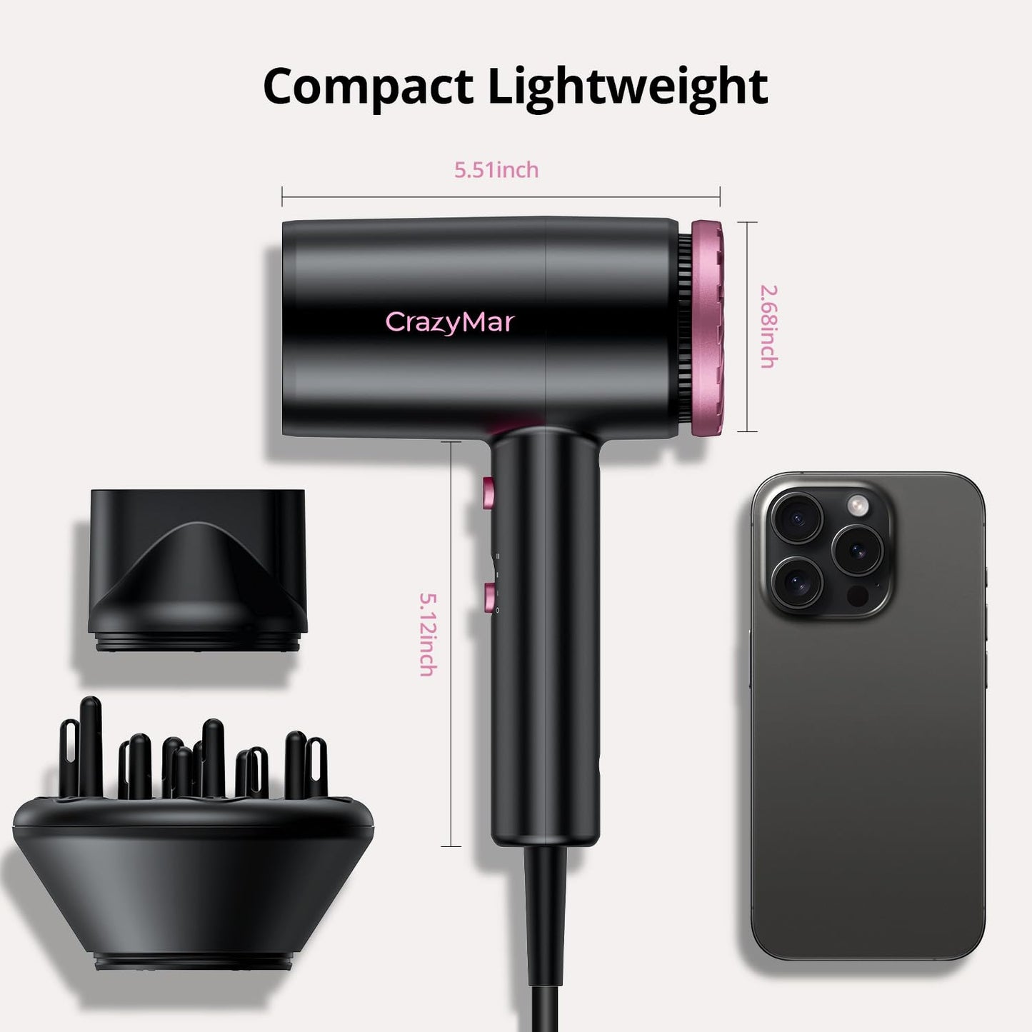 CrazyMar Hair Dryer, 1800W High Speed Blow Dryer for Fast Drying,500 Million Negative Ionic Hair Dryer, No Heat Damage, Lightweight, Blow Dryer with Diffuser for All Hair, Travel, Home (Purple)