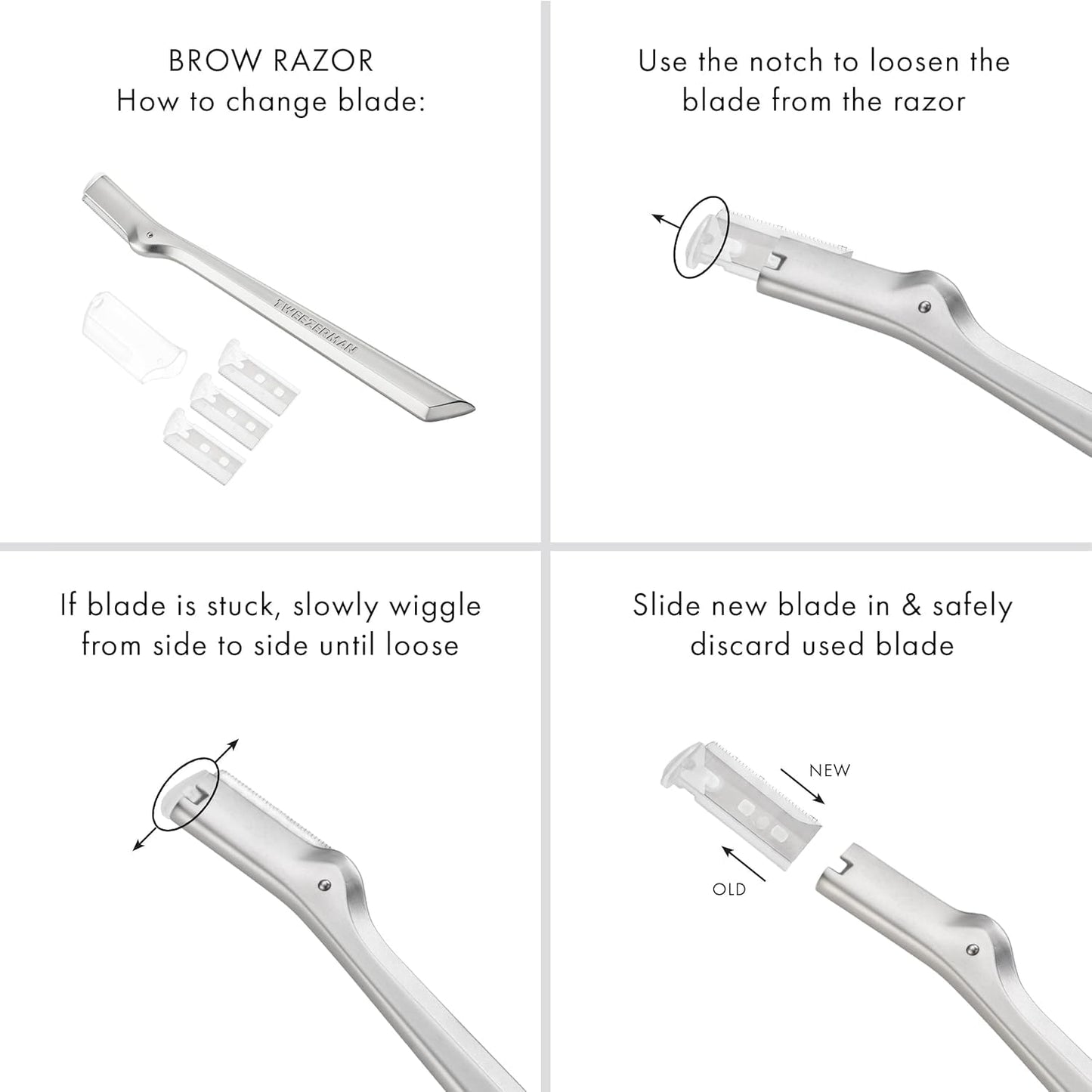 Tweezerman Eyebrow Razor with 3 Replacement Blades and Safety Cap (Stainless Steel)