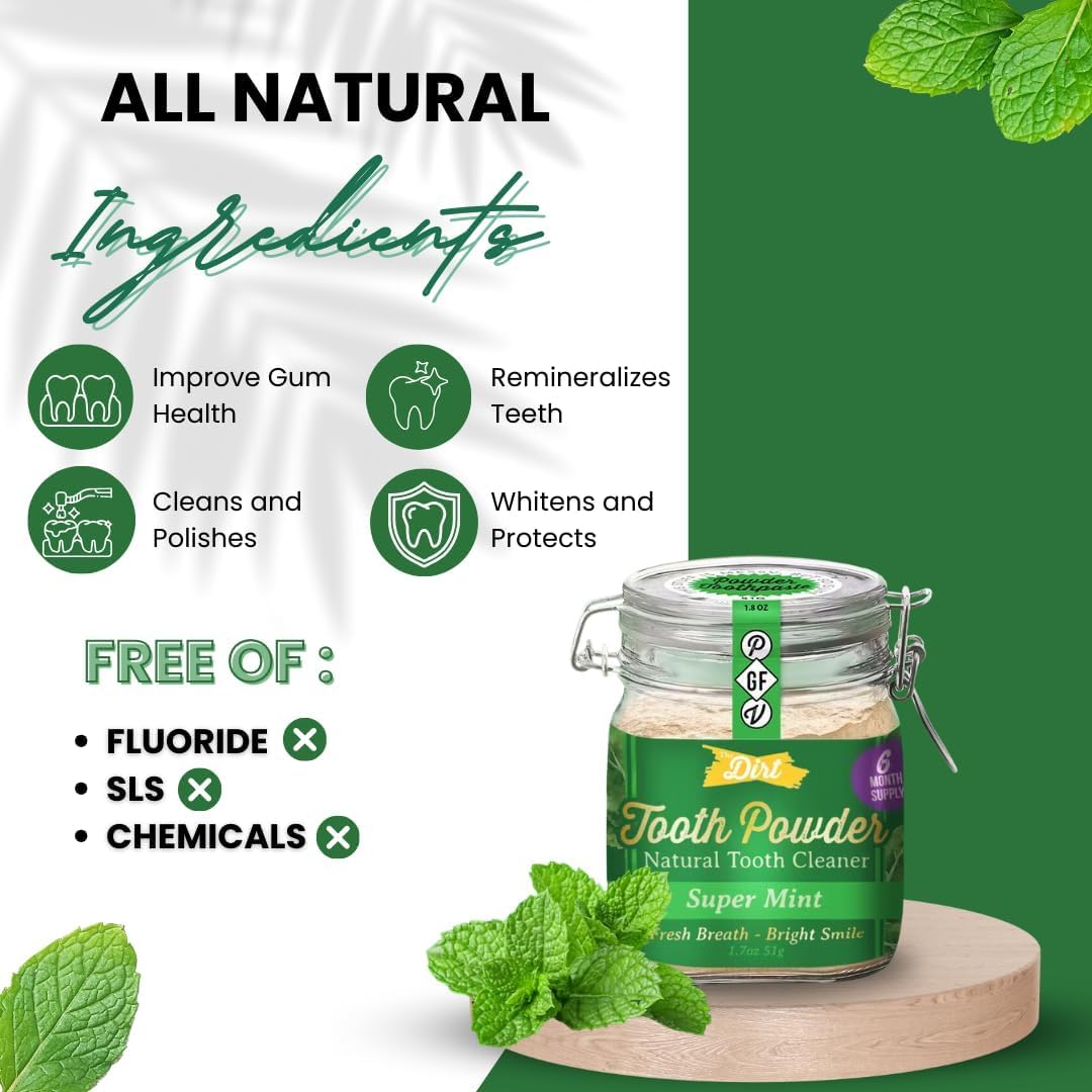 The Dirt - Remineralizing Tooth Powder, Natural Fluoride-Free Teeth Whitening Powder with Hydroxyapatite, Flouride & Gluten Free, Organic Vegan (Super Mint, 25g: 3 Month Supply)