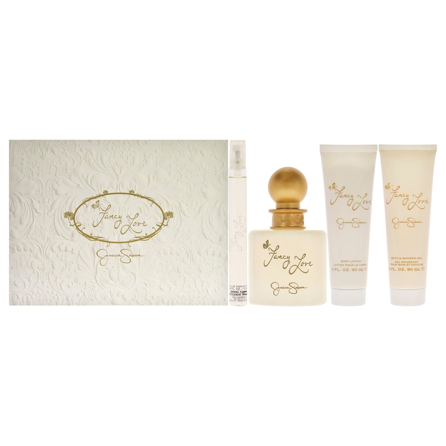 Fancy Love by Jessica Simpson for Women - 4 Pc Gift Set 3.4oz EDP Spray, 0.34oz EDP Mini Spray, 3oz Body Lotion, 3oz Bath & Shower Crème