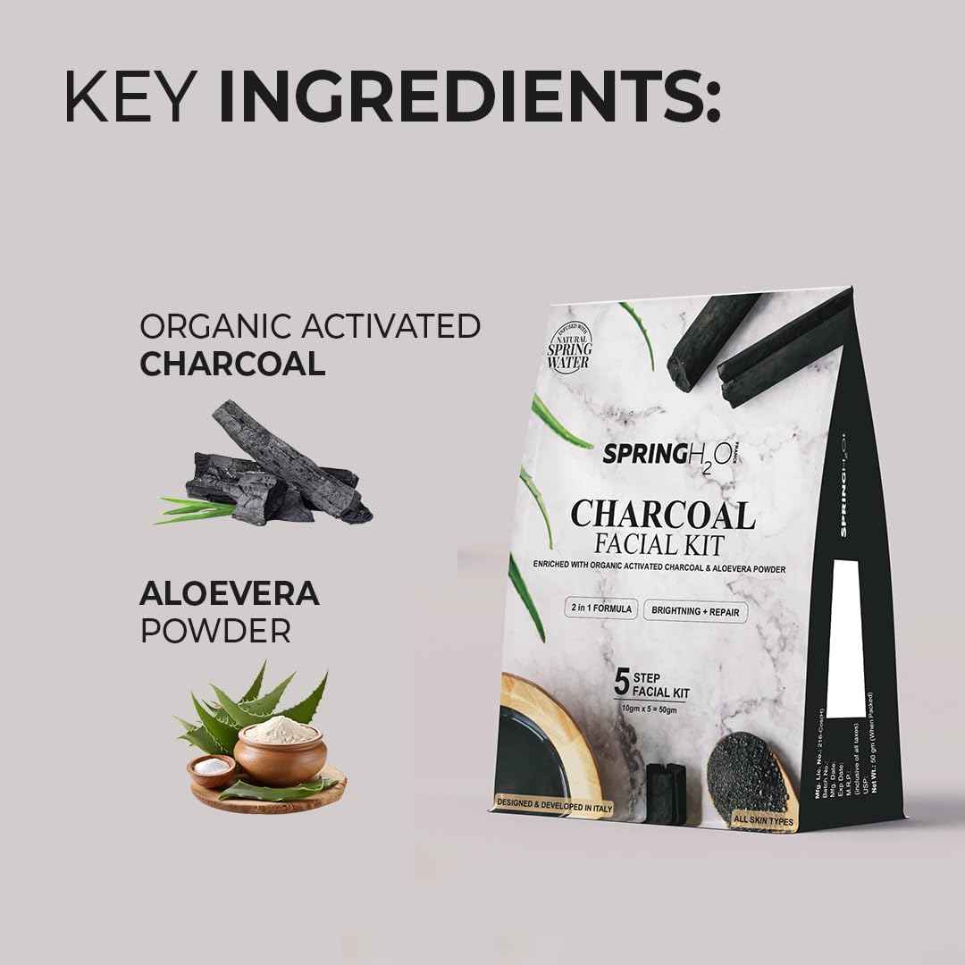 SPRING H2O Charcoal Facial Kit 50 gm| 2 in 1 Formula Brightning+Repair | Enriched with Organic Activated Charcoal & Aloevera Powder| Simple 5 Step