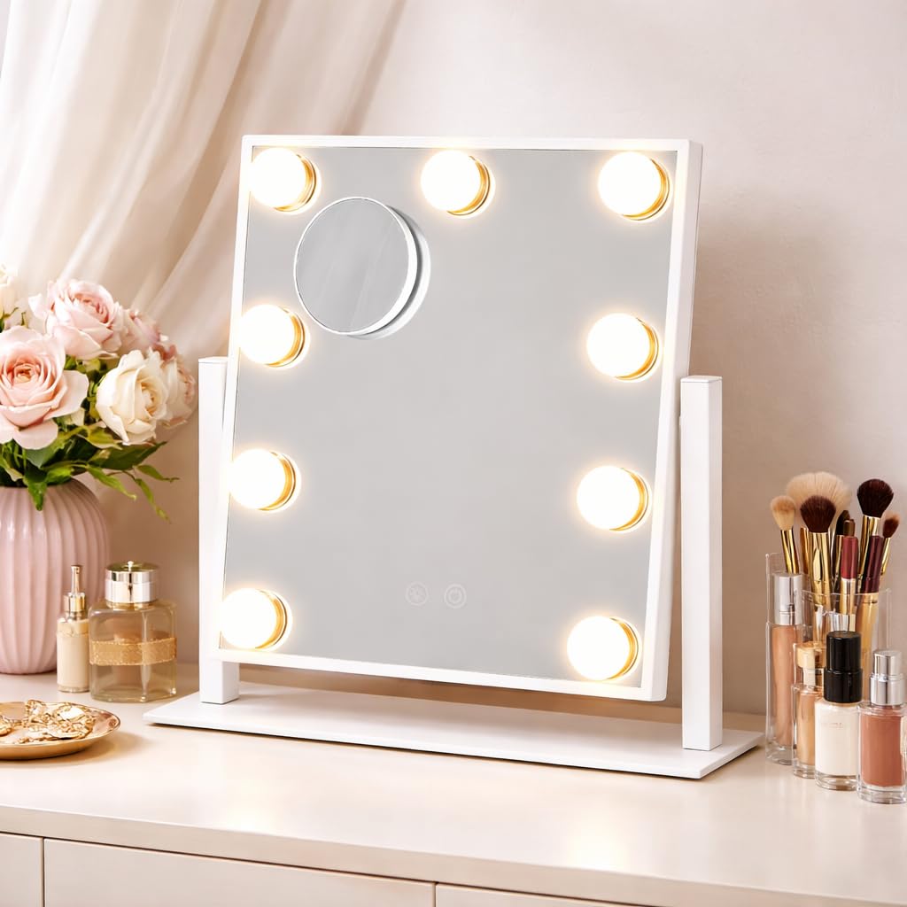 Vanity Mirror with Lights, Lighted Vanity Mirror with 9 Dimmable Bulbs for Dressing Room & Bedroom, 3 Color Lighting Modes, Detachable 10x Magnification 360°Ratation (White)