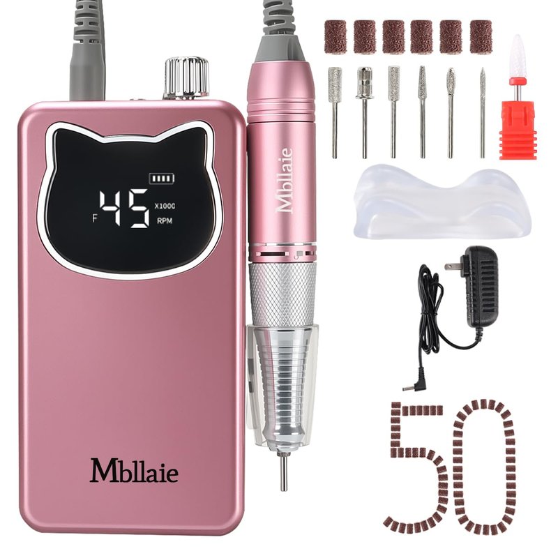 Professional Nail Drill - 45000RPM Electric Portable Efile Kit with 7 Bits | Cordless for Acrylic & Poly Gel Nails (Rose Pink)