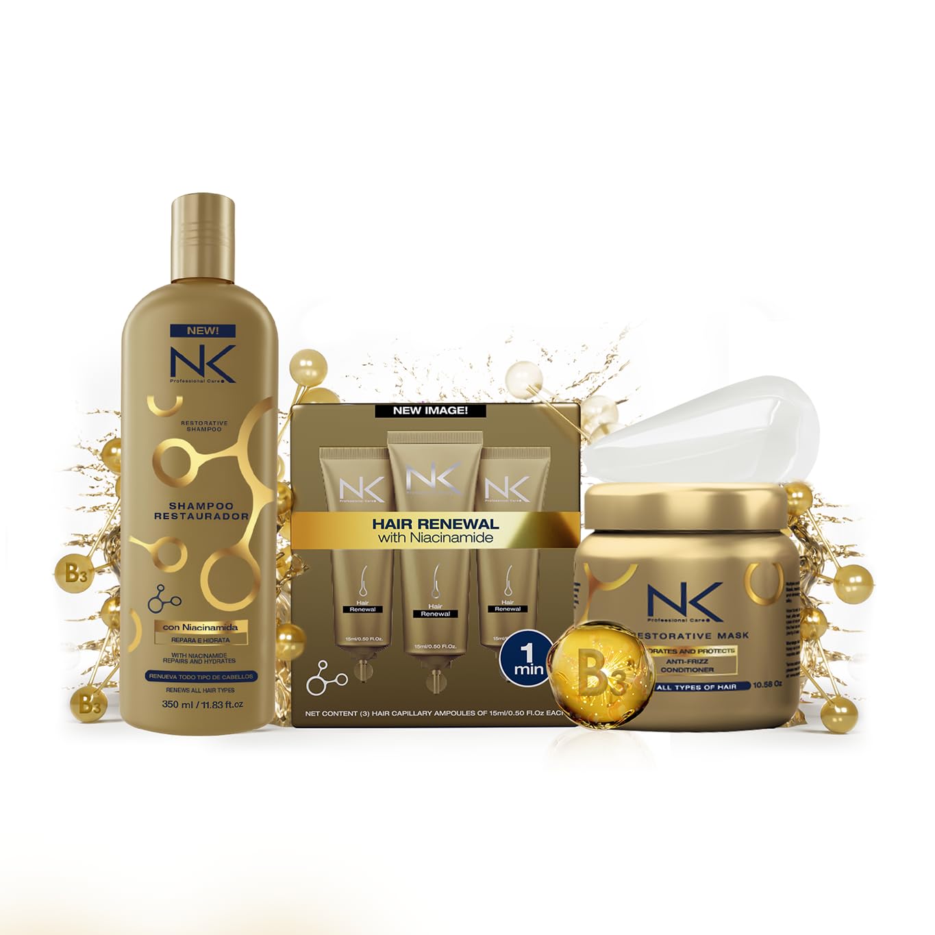 NK Professional Care Hair Repair Kit - Niacinamide Shampoo, Mask & Ampoules | Strengthens & Restores Damaged Hair | 3-Piece Set