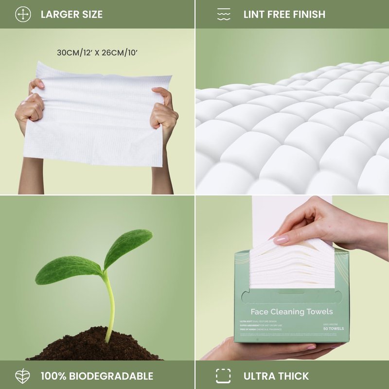 Disposable Face Towels - XL 10"x12" Biodegradable Viscose Towelettes for Women | 100 Count