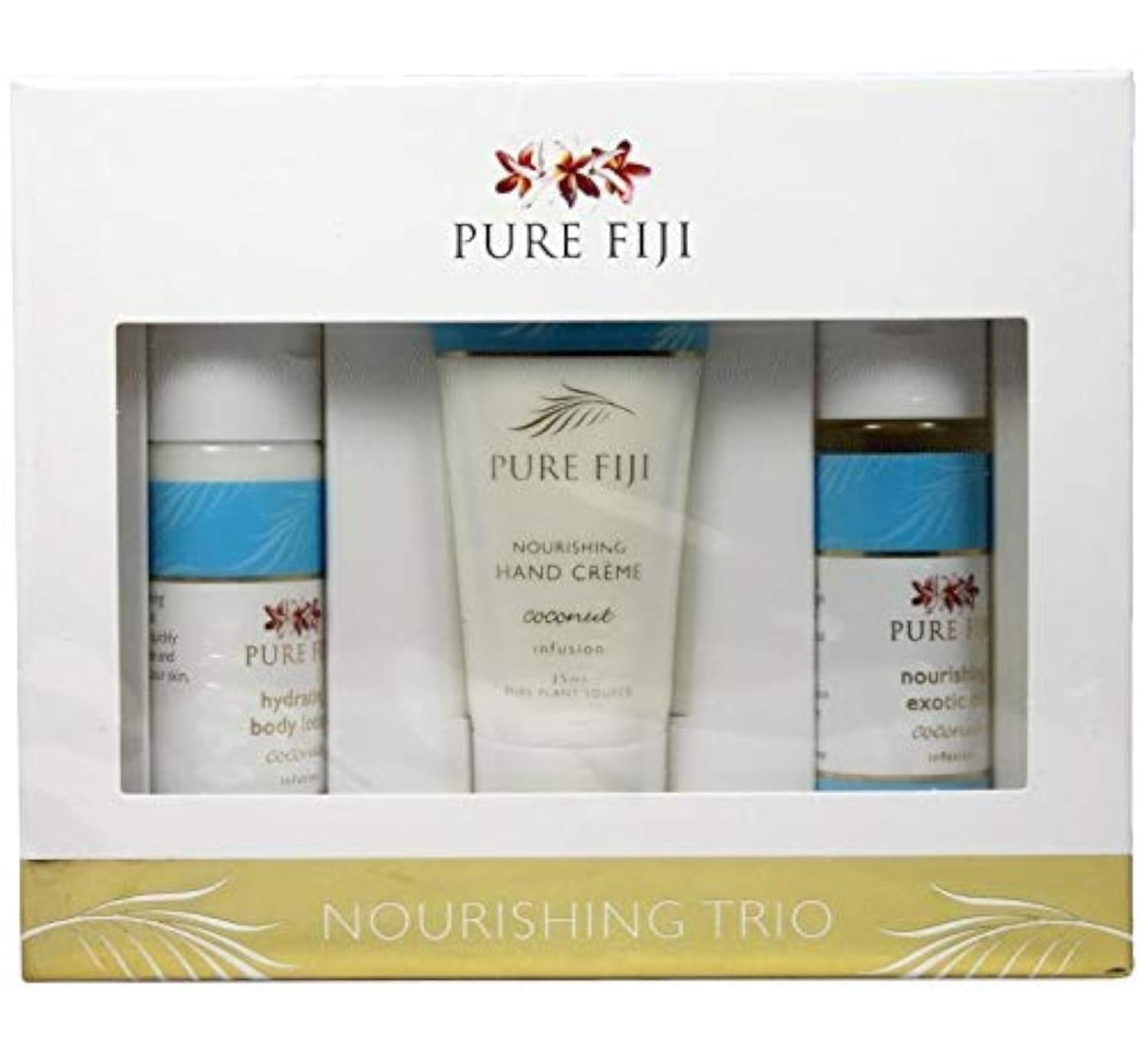 Pure Fiji Nourishing Trio, Ideal Spa Bath Gift Set for Women - Travel Kit - Includes Exotic Body Oil, Hydrating Body Lotion For Women and Nourishing Hand Cream, Coconut Scent