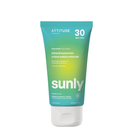 ATTITUDE Mineral Sunscreen SPF 30, Zinc Oxide Broad Spectrum UVA/UVB Protection, Face & Body, Dermatologically Tested, Vegan, Unscented, 5.2 Oz