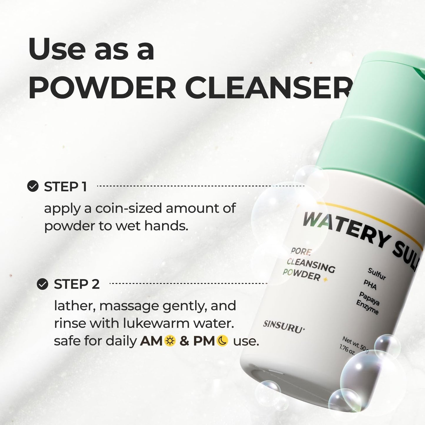 SINSURU Watery Sulfur Pore Cleansing Powder - Korean Sulfur Face Wash & Enzyme Face Wash with PHA | Deep Pore Cleansing & Oil Control for Oily, Sensitive Skin (1.76 oz / 50g)