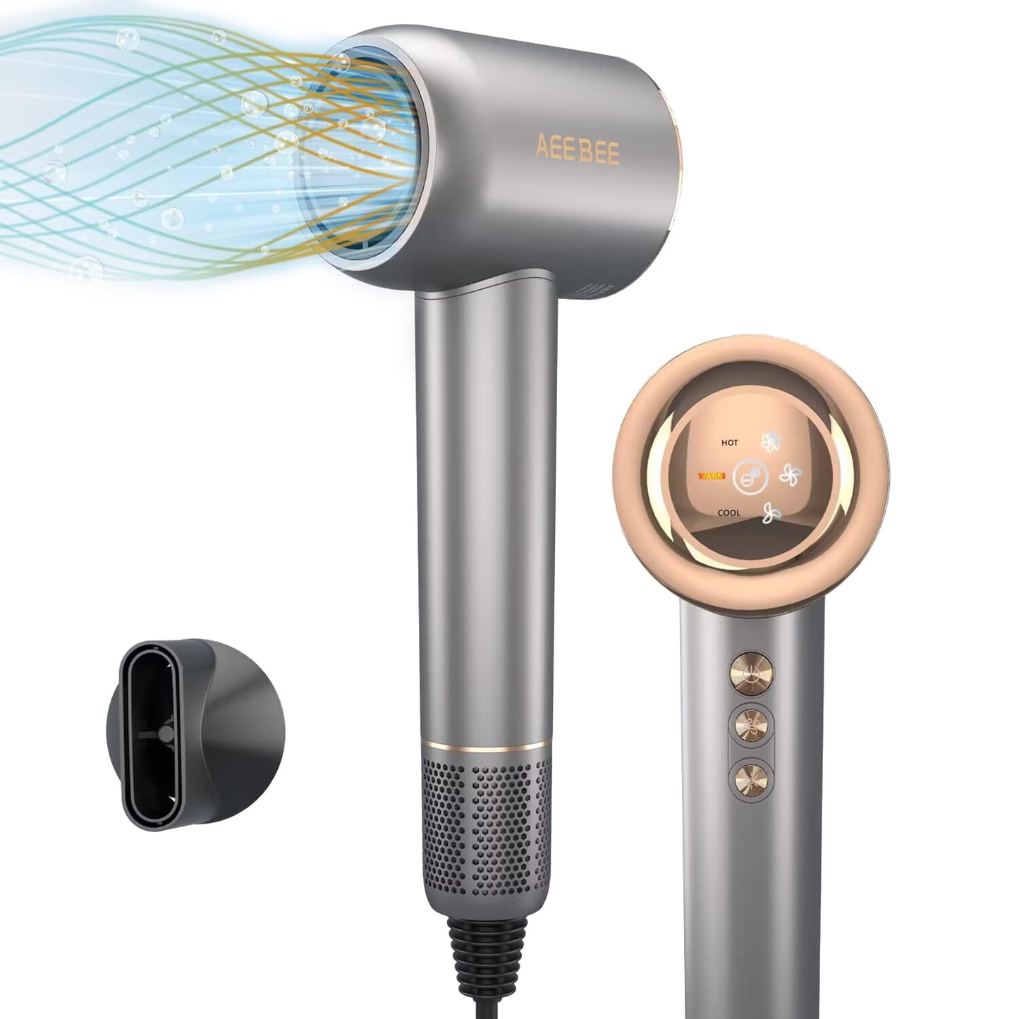 Powerful Hair Dryer, Lightweight & Small & Low Noise Ionic Blow Dryer, High Speed for Fast Drying, Compact with Magnetic Nozzle Attachment, Sliver
