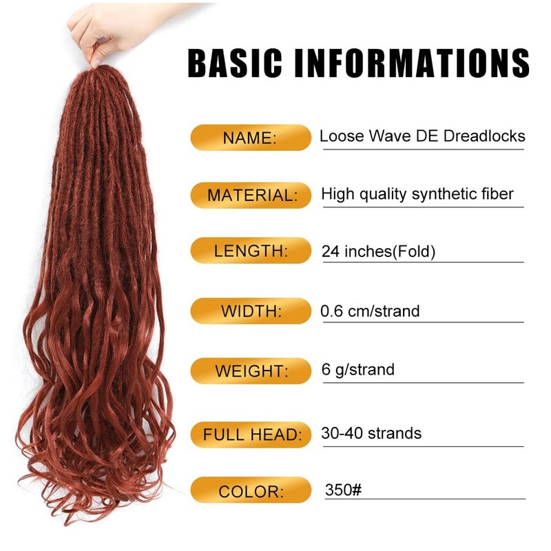 Aguacor Loose Wave Dreadlocks Synthetic French Curly Double Ended Dreadlock Extensions 24inches 30 Strands Thin Soft Red Brown Spanish Curly DE Dreadlock Extensions for Women (30 Strands, 350#)