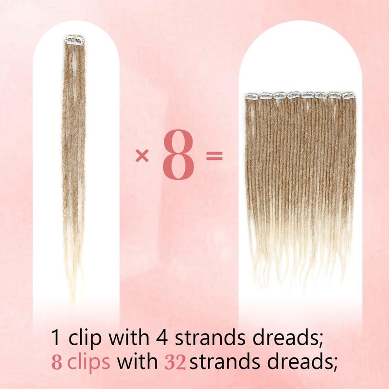 Quisduis 16 Inch Clip in Dreadlocks Hair Extensions, 8PCS 32 Strands Light Brown to Blonde Synthetic Dreas Extensions Handmade Soft Thin Dreadlocks for Women