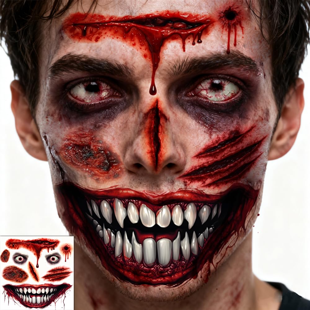 Halloween Zombie Tattoos Kit – 6 Sheets (4 Zombie Tattoos + 2 Wound Tattoos) – Fake Scars Temporary Tattoos for Adults, Women, Men – Realistic Zombie Makeup Kit, Scary Halloween Makeup Accessories (A)