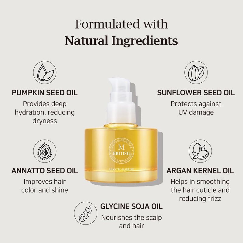 BRITISH M Annatto Hair Oil 2.36 fl. oz – Frizz-Free Shine, Deep Hydration, Natural Vegan Formula, UV Protection, Salon-Quality for All Hair Types