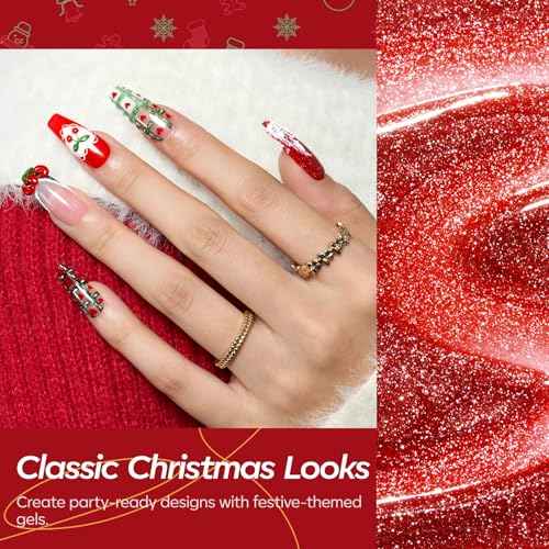 Modelones Christmas Gel Nail Polish Set, 6 Colors 2025 Winter White Red Dark Green 9D Cat Eye Gel Polish Gold Stars Ornament Glitter Nail Polish with Stickers & Magnet & Wooden Stick LED Mani DIY Gift
