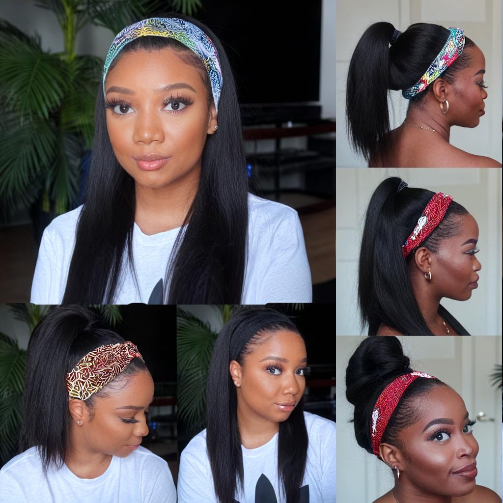 Unvizossa Headband Wig Human Hair 14 Inch Straight Headband Wigs for Black Women Glueless Straight None Lace Front Wig Human Hair Machine Made Wigs Natural Black 150% Density