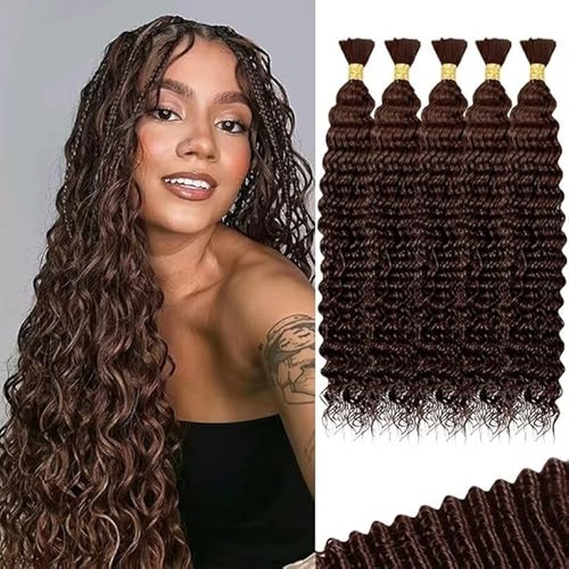 12A #4 Chocolate Brown Human Braiding Hair for Boho Braids 5 Bundles 22 Inch 160g Deep Wave Braiding Hair for Bohemian Knotless Braids 100% Unprocessed Virgin Bulk Hair Extensions No Weft