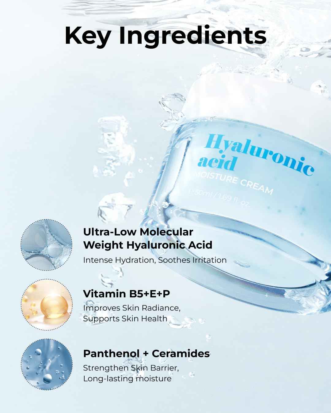 bom Hyaluronic Acid Moisture Cream 1.69 fl oz, Moisturizing Face Cream with Low Molecular Moisturizer Capsules and Vitamins, 100 Hour Hydration, Moisture Lock, Hypoallergenic Vegan Korean Skincare