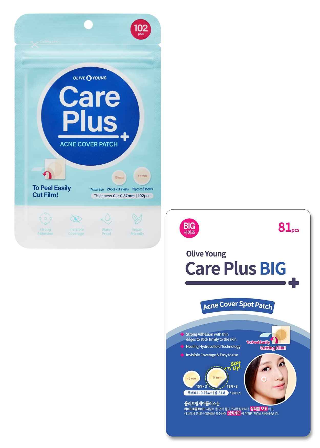 OLIVE YOUNG | Care Plus Spot Patch 1 Pack (102 Count - 10mm*72ea + 12mm*30ea) + Care Plus Large Size Korean Spot Pimple Patches 1Pack (81 Count - 12mm*45ea + 14mm*36ea)
