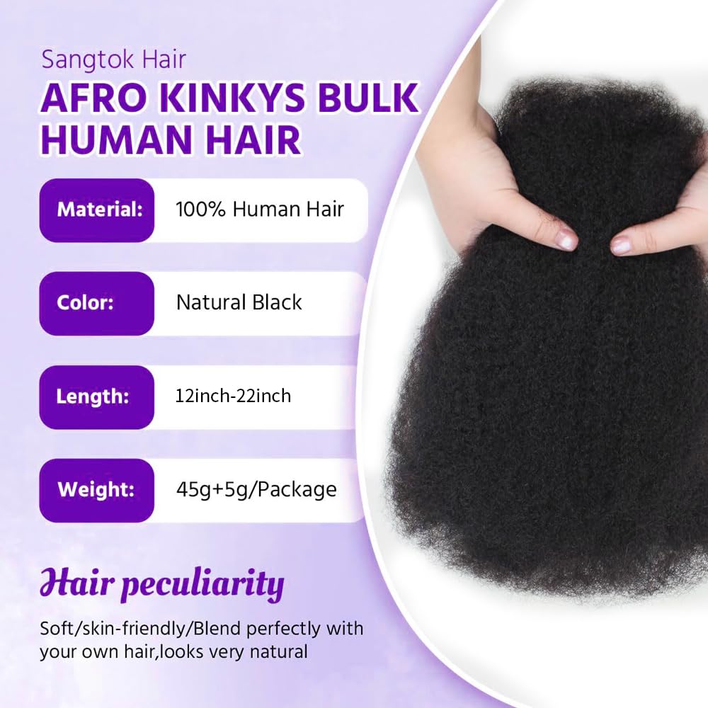 Afro Kinkys Bulk Human Hair for Dreadlocks Extensions and Locs Repair 1 Pack 50 Gram Afro Kinky Curly Human Hair Bulk for Twist（Black 16 Inch）