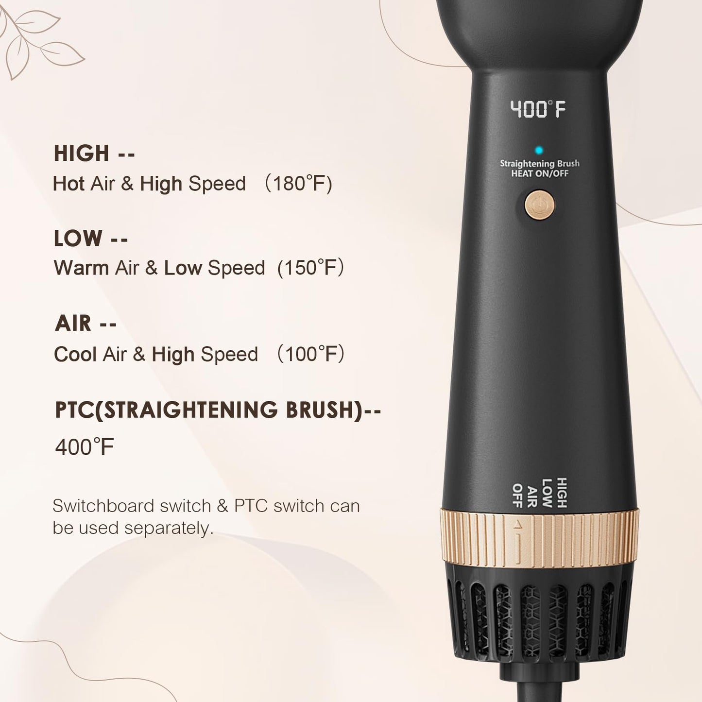 Hair Trends Upgraded 2-in-1 Blow Dryer Brush with Heated Comb, 110-120V Hair Straightener Brush for Black Hair, One-Step Hair Dryer Brush Frizz-Free No Damage
