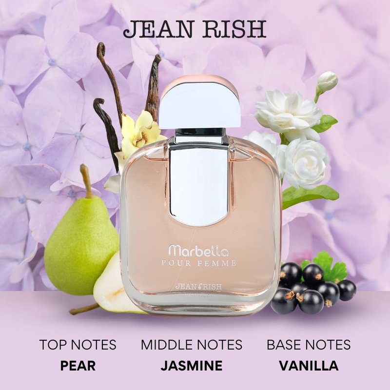 Jean Rish Marbella Perfume for Women Eau De Parfum, Long-Lasting Luxury Fragrance, Made In USA - Pear, Jasmine, Vanilla, Iris, Patchouli Scent - 100ml / 3.4 oz