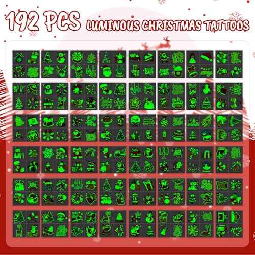 Christmas Tattoos for Kids Stocking Stuffers, 192 Styles Luminous Temporary Tattoo Stickers for Christmas Party Favors Decorations, Christmas Gifts for Kids Xmas Goodie Bag Fillers
