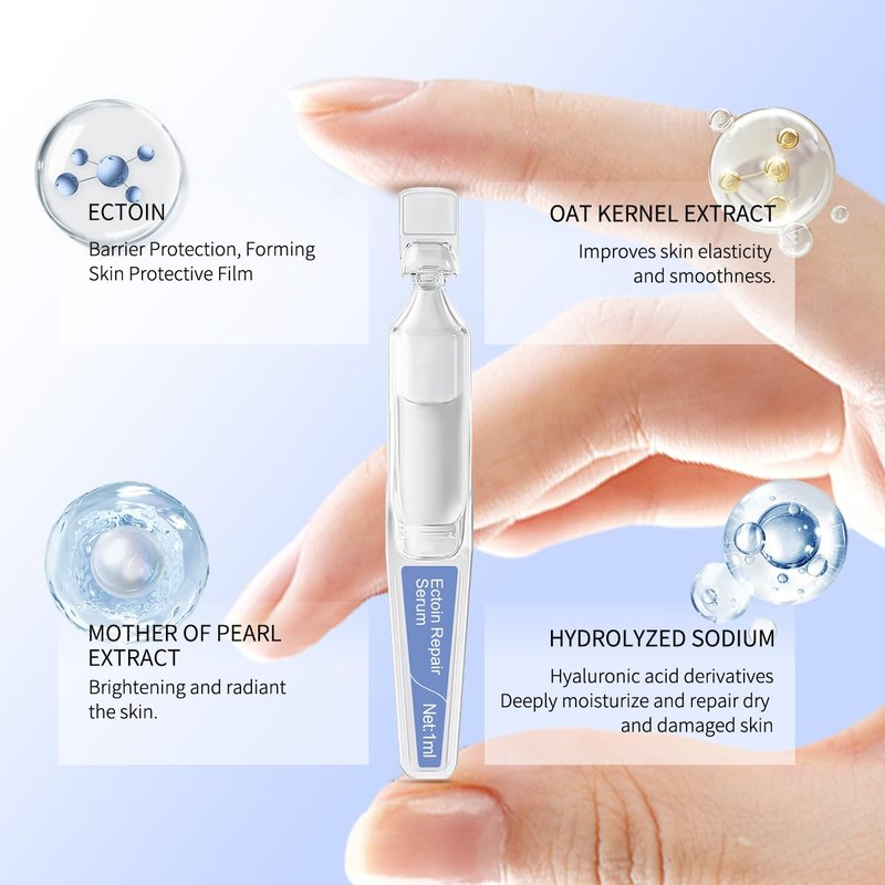 BACHERI Ectoin Hydrating Repair Facial Serum Ampoule, Deep Moisture & Anti-Aging Serum with Beta-Glucan Glycerin Hyaluronic Acid For All Skin Redness Relief & Barrier Repair, 15PCS Single Use Ampoules
