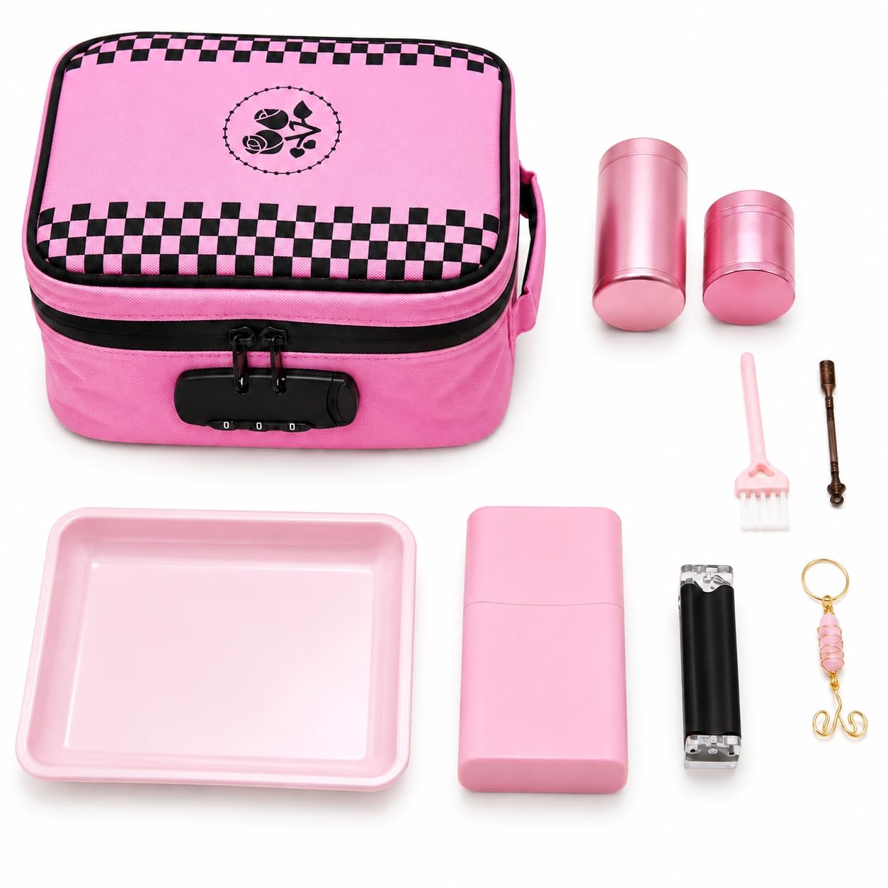ANZOME Large Smell Proof Bag with Lock, Pink Lockable Storage Case, Activated Charcoal Odor Control, Waterproof Zipper Travel Organizer Pouch, Stash Box Alternative with 7 Accessories for Home & Trips
