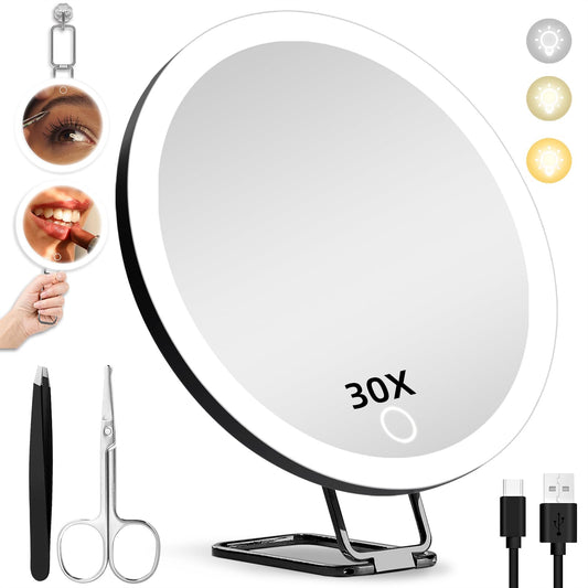 JJhxr 30X Magnifying Mirror with Lights, 6inch Makeup Magnified Mirror 30X Lighted Travel Magnification with 3 Suction Cups and 360° Adjustable Stand- Includes Tweezers & Scissors