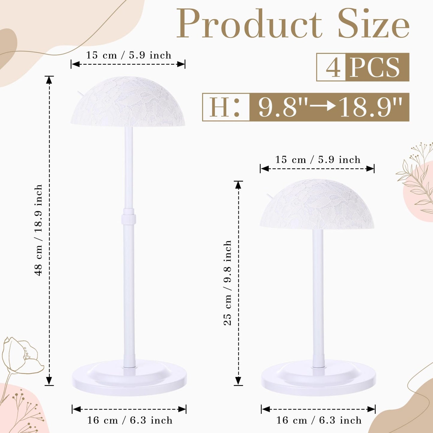 Geelin 4 Pack Wig Stand 9.8"-18.9" Adjustable Height Wig Head Holder Non Slip Portable Hat/cap Display Stand for Multiple Wigs(White)