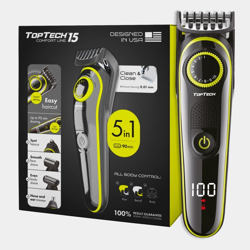 Toptech Beard Trimmer for Men – 5-in-1 Men’s Grooming Kit, Hair Clipper, Nose & Ear Trimmer, Body Groomer, Electric Shaver – Corded/Cordless, Rechargeable, Washable, 90-Min Runtime, Quick Charge