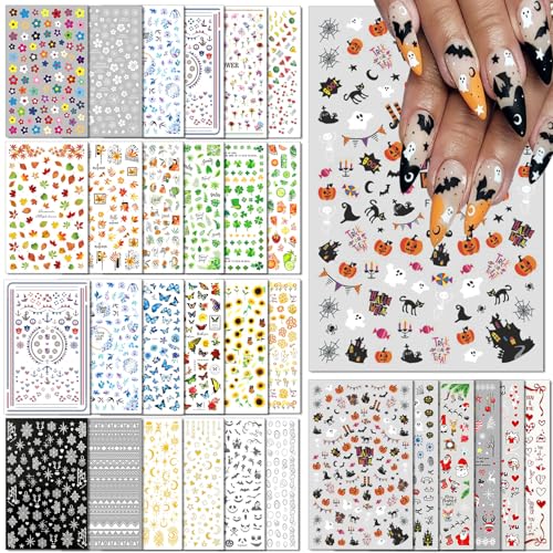 30 Sheets All Holiday Nail Art Stickers, Variety Pack Seasonal Nail Decals, Self-Adhesive Colorful Design for Daisy Flowers Butterflies Star Halloween Christmas