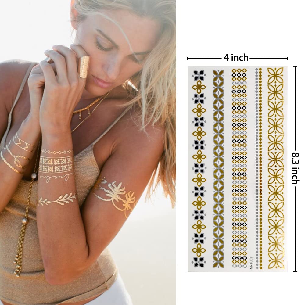 Muulaii 8 Sheets Gold Tattoos Temporary, Long Lasting Metallic Tattoos