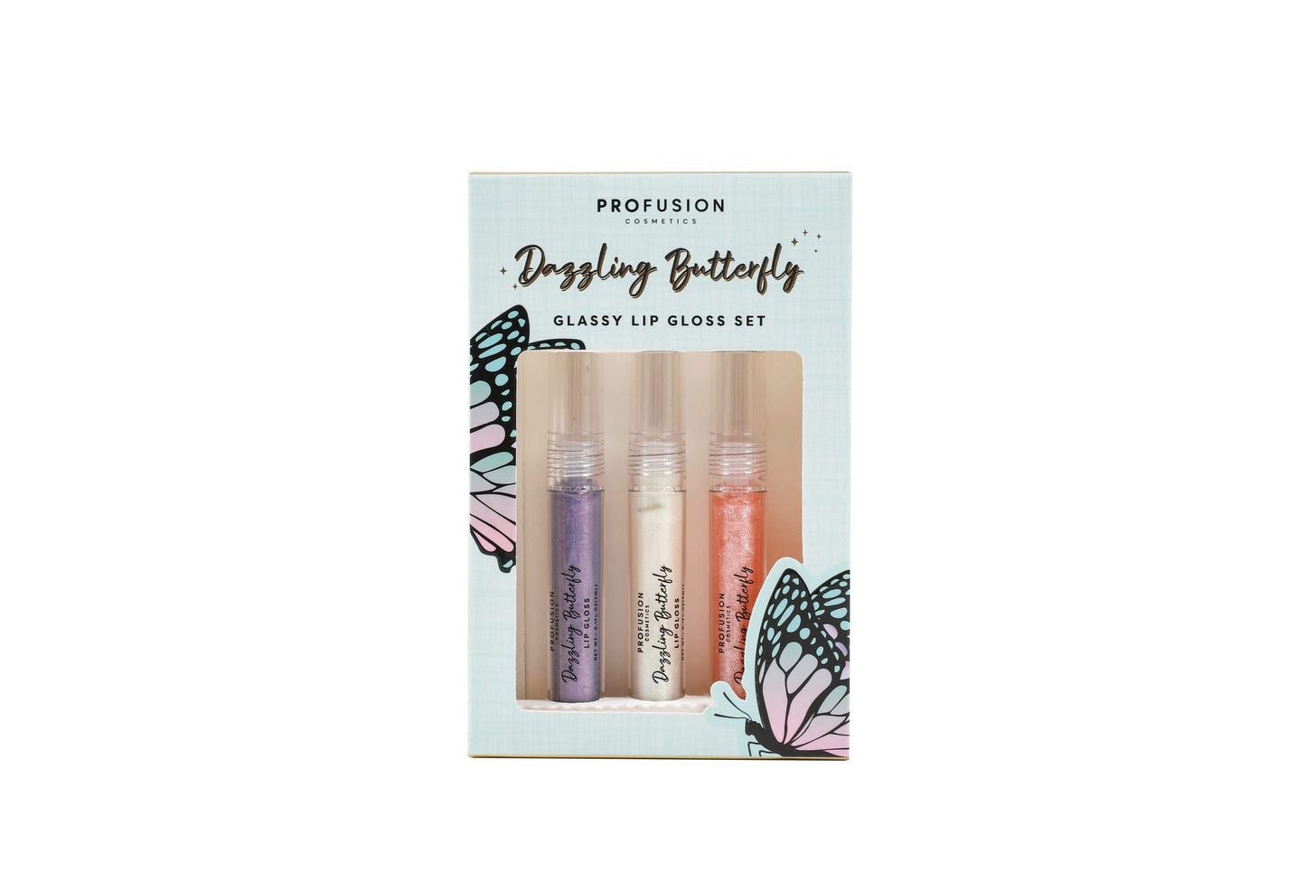 Profusion Cosmetics Daggling Butterfly Glassy Lip Gloss Set - 3-Piece Hydrating Gloss Trio with Sheer & Shimmer Tint, Long Wearing Elegance, Lightweight & Pocket-Sized Tube