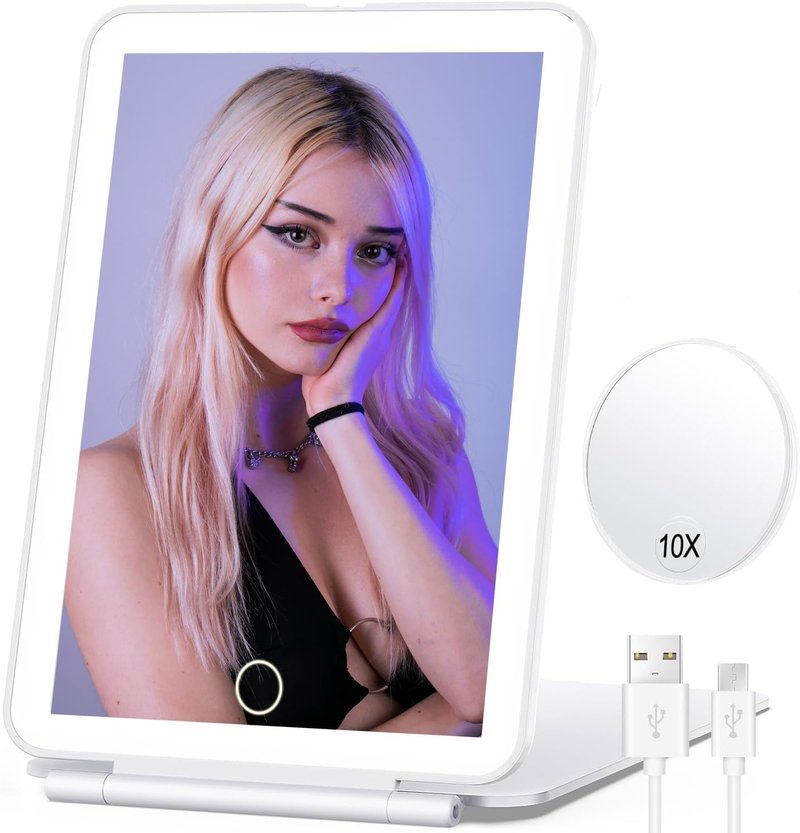 Lighted Makeup Mirror - 10X Magnification Folding Vanity Mirror | Rechargeable Travel Design, 72 LEDs, White
