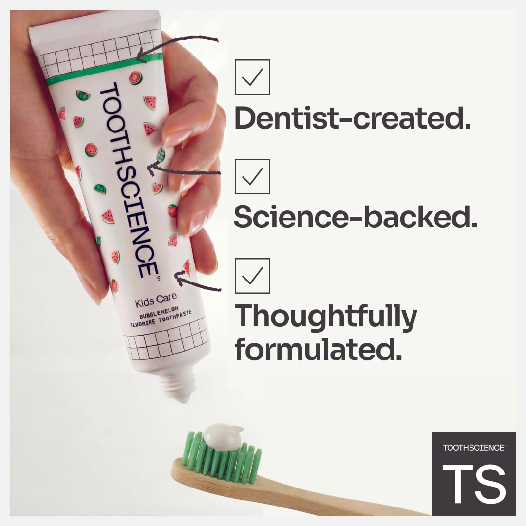 ToothScience Kids Care Toothpaste – 4-in-1 Fluoride Toothpaste for Kids, Naturally Flavored Bubblemelon, Free of Dyes, Alcohol & SLS/SLES (3.4 oz)