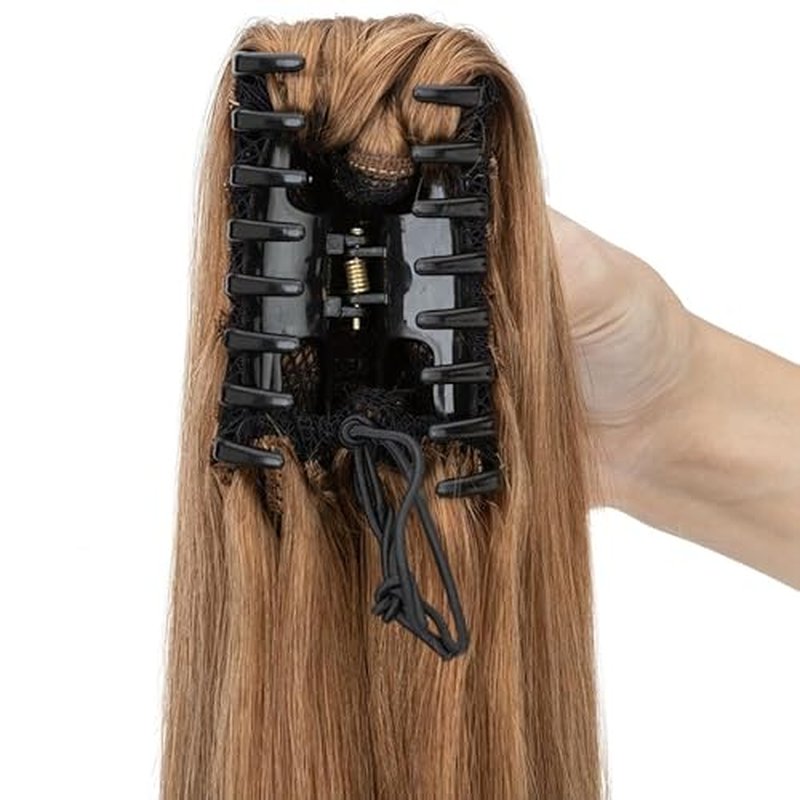 TESS Human Hair Claw Clip Ponytail Extension Real Remy Hair long ponytail extension for Women Straight, 18 Inch, Dark Linen