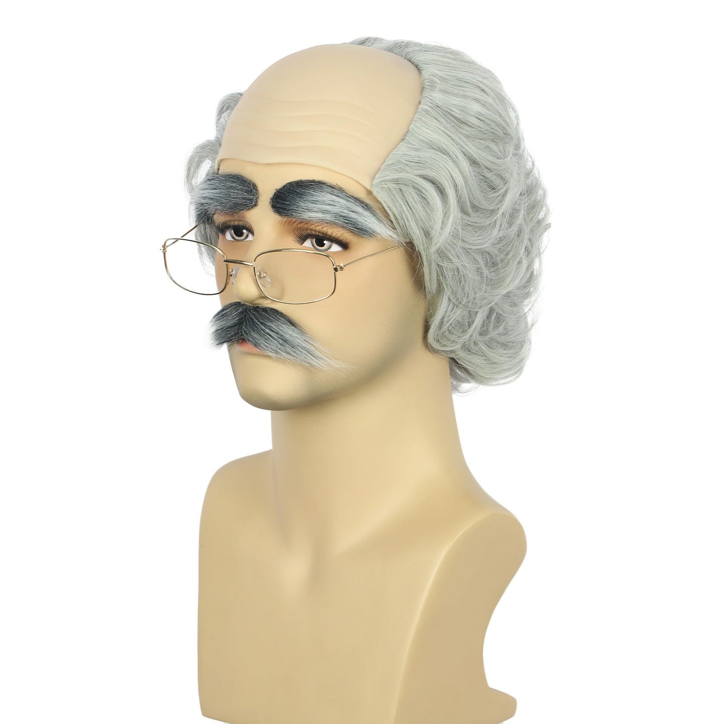 karlery Old Man Short Gray Wig with Moustache Eyebrow and Glasses Funny Grandpa Bald Cap Heat Resistant Synthetic Fiber Fluffy Soft Cosplay Event Costume Halloween Party Wig