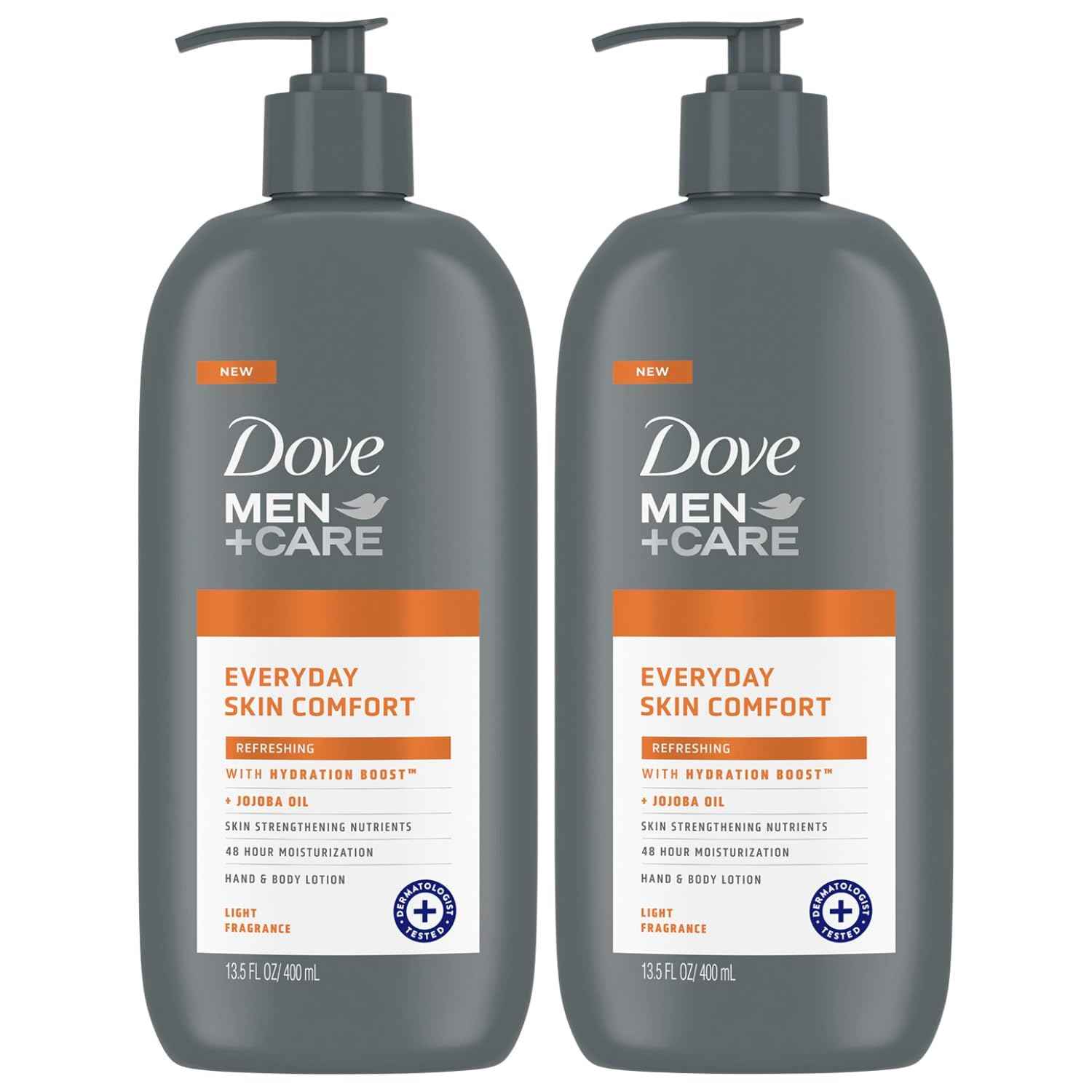 Dove Hand & Body Lotion, Men+Care Value Pack – Everyday Skin Comfort Formula with Shea Butter & Jojoba Oil, Refreshing Lotion for Dry Skin, 13.5 Fl Oz (Pack of 2)