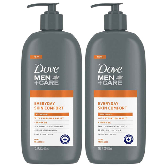 Dove Hand & Body Lotion, Men+Care Value Pack – Everyday Skin Comfort Formula with Shea Butter & Jojoba Oil, Refreshing Lotion for Dry Skin, 13.5 Fl Oz (Pack of 2)
