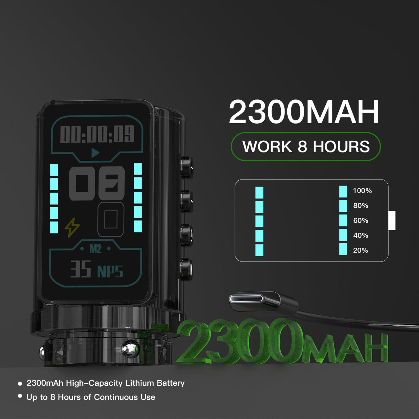 Wormhole 2300mAh Battery and 7 Adjustable Stroke Tattoo Gun for Artists, Aluminum Alloy Wireless Tattoo Machine, Lightweight Compact Rotary Tattoo Pen Powerful Motor Precision Professional - Black