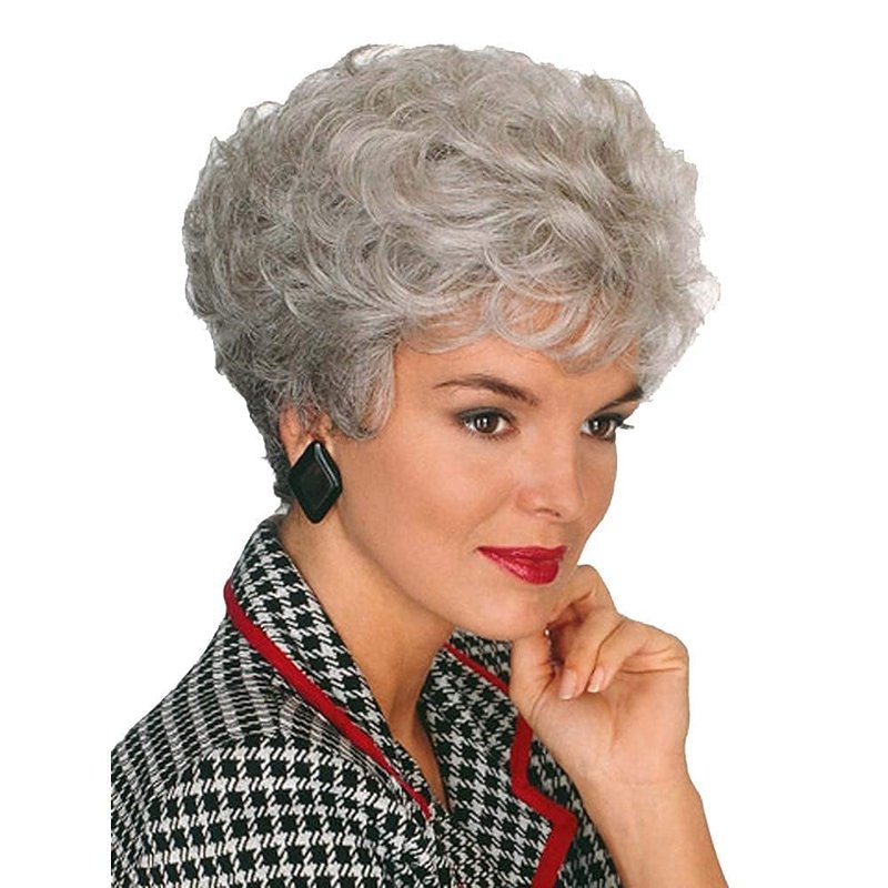 Short Gray Wig for Seniors - Silver Gray Curly Hair | Synthetic Fiber Grandma Cosplay Wig