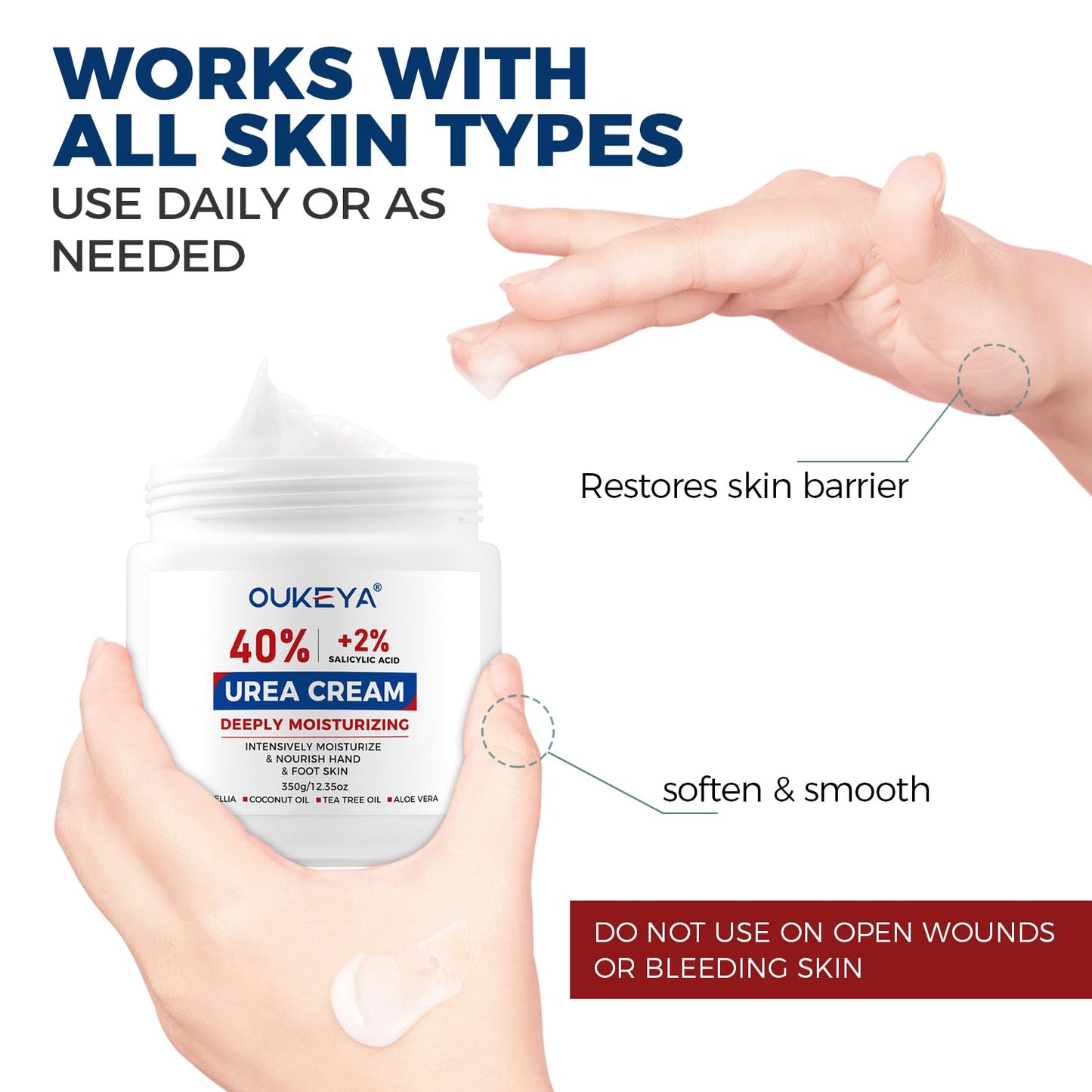 OUKEYA Urea Cream 40% with 2% Salicylic Acid Intensive Foot, Hand & Body Cream for Very Dry, Cracked, Rough Skin on Heels, Knees & Elbows (12.35 Ounce)
