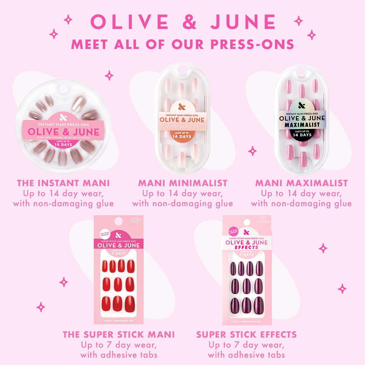 Press-On Nails Kit - 4 Realistic Fake Nail Sets | HD Crisp White, Classic French, Shimmery Super Star, BP Icy Blue - Non-Damaging Glue, Up to 14 Days Wear