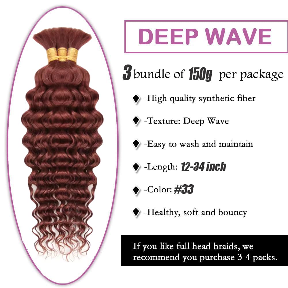 Reddish Brown Braiding Hair Deep Wave Bulk Brown Human Braiding Hair 12 12 12 Inch Deep Curly Color 33 Boho Human Hair for Braiding Hair Extensions