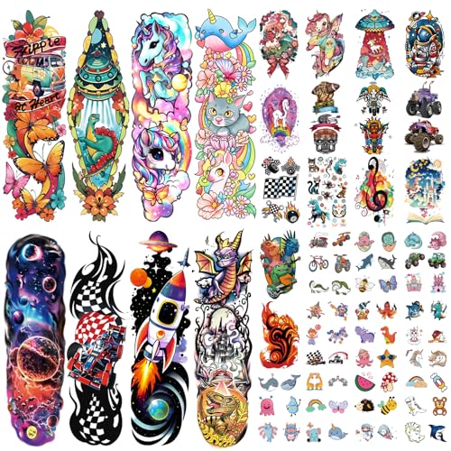 52 PCS Kids Full Arm Temporary Tattoos - Rocket Car Dinosaur Planet Astronaut & Dolphin Castle Cat Body Tattoos Stickers for Boys & Girls, Party Supplies Gifts