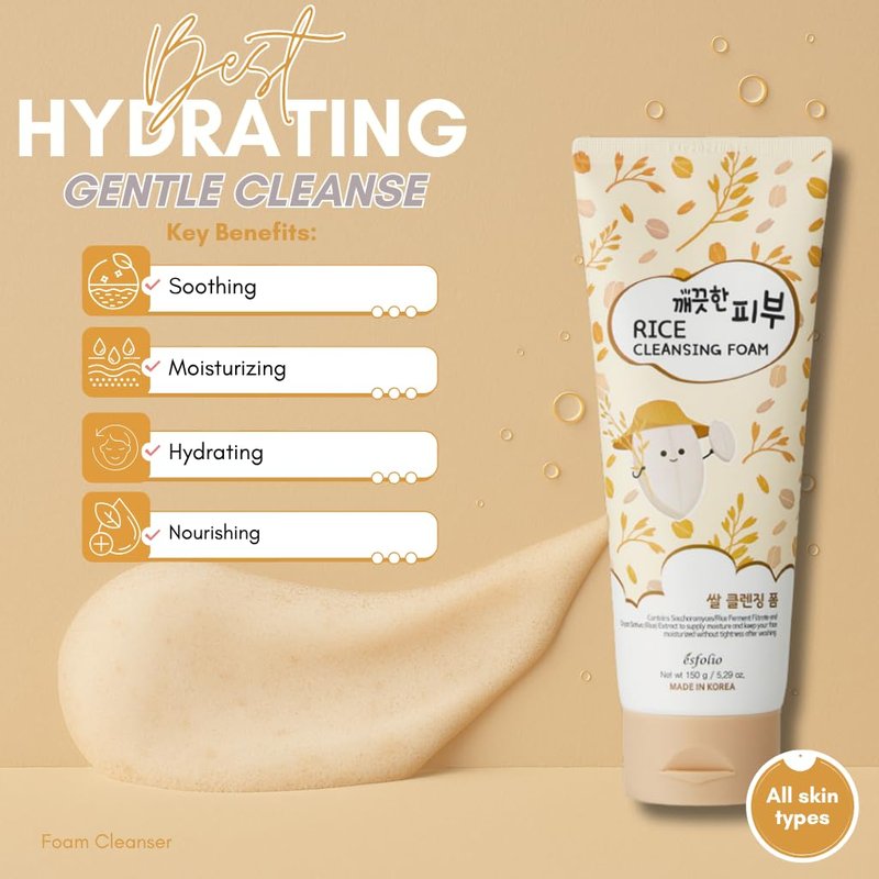 esfolio Rice Cleansing Foam Face Wash – Gentle Daily Facial Cleanser with Soft Creamy Foam – Suitable for All Skin Types – Helps Remove Dirt, Oil, and Impurities Without Drying (5.29oz -150g)