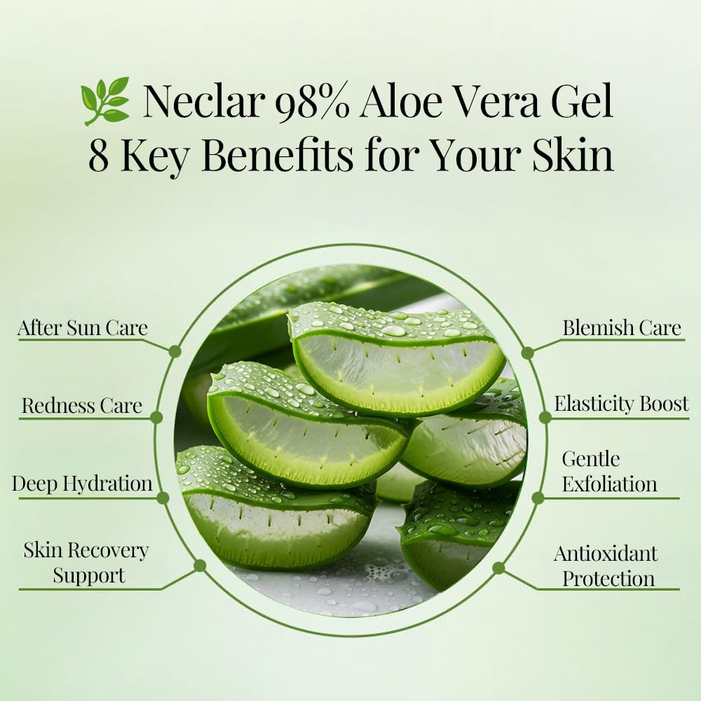 Neclar 98% Pure Aloe Vera Gel for Sunburn Relief - Big 16.9 oz / 500ml - Korean After Sun Care lotion For Face, Skin and Hair - Sun Burn Moisturizer Cream (16.9 Fl oz)